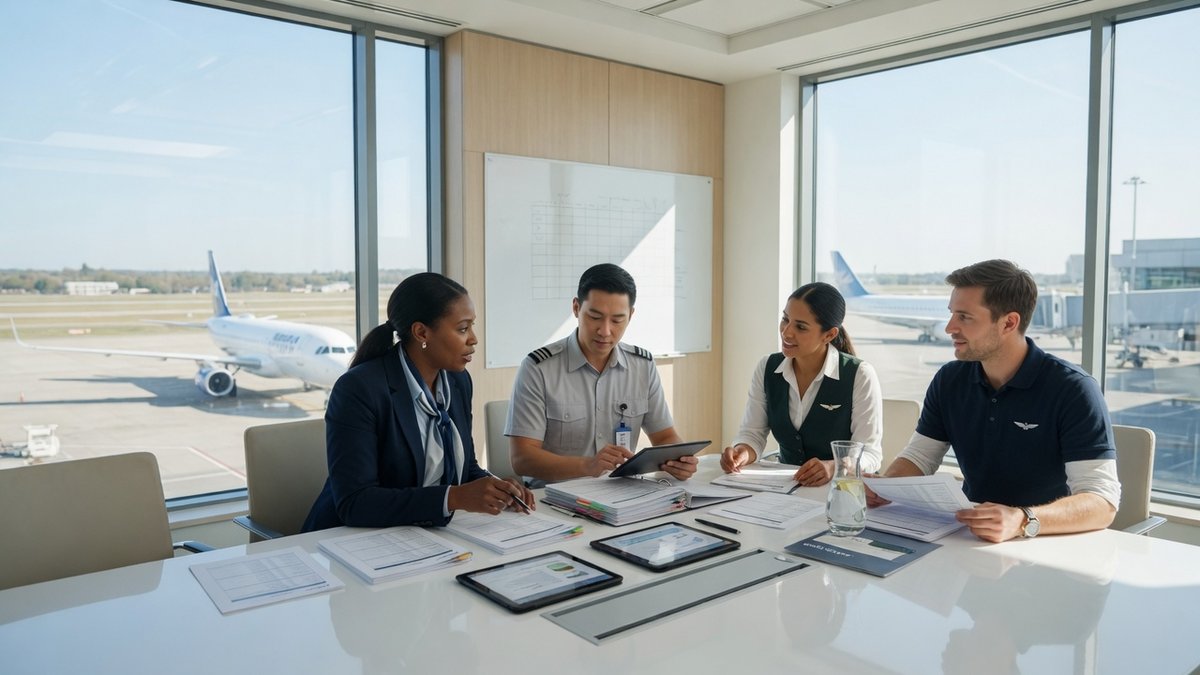 Aviation audit team reviewing compliance documents at an airport