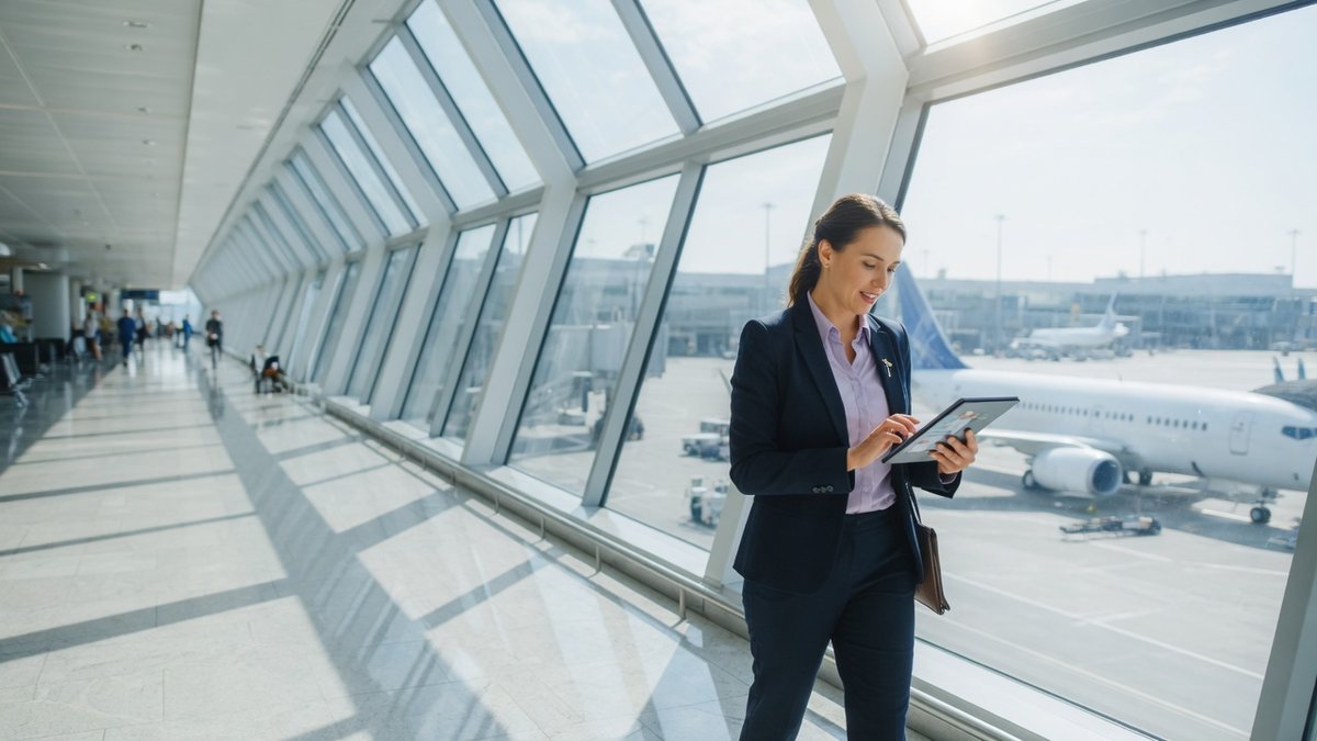 Aviation consultant reviewing licence applications in a bright airport terminal