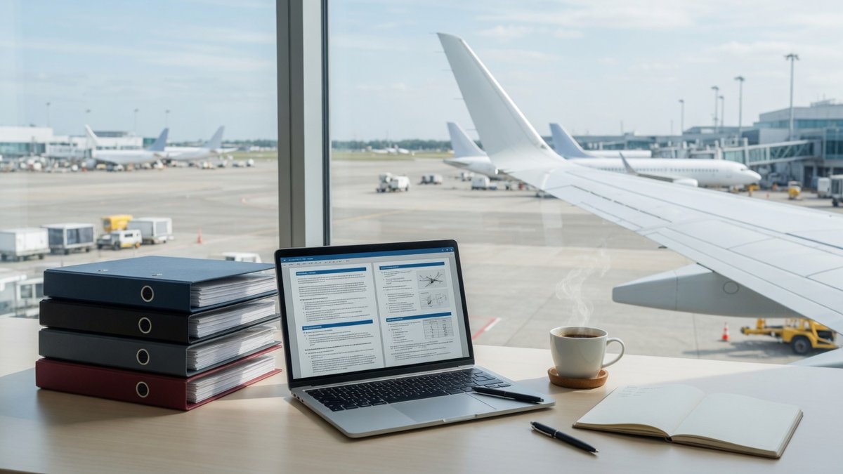 Aviation manuals and laptop overlooking an airport apron