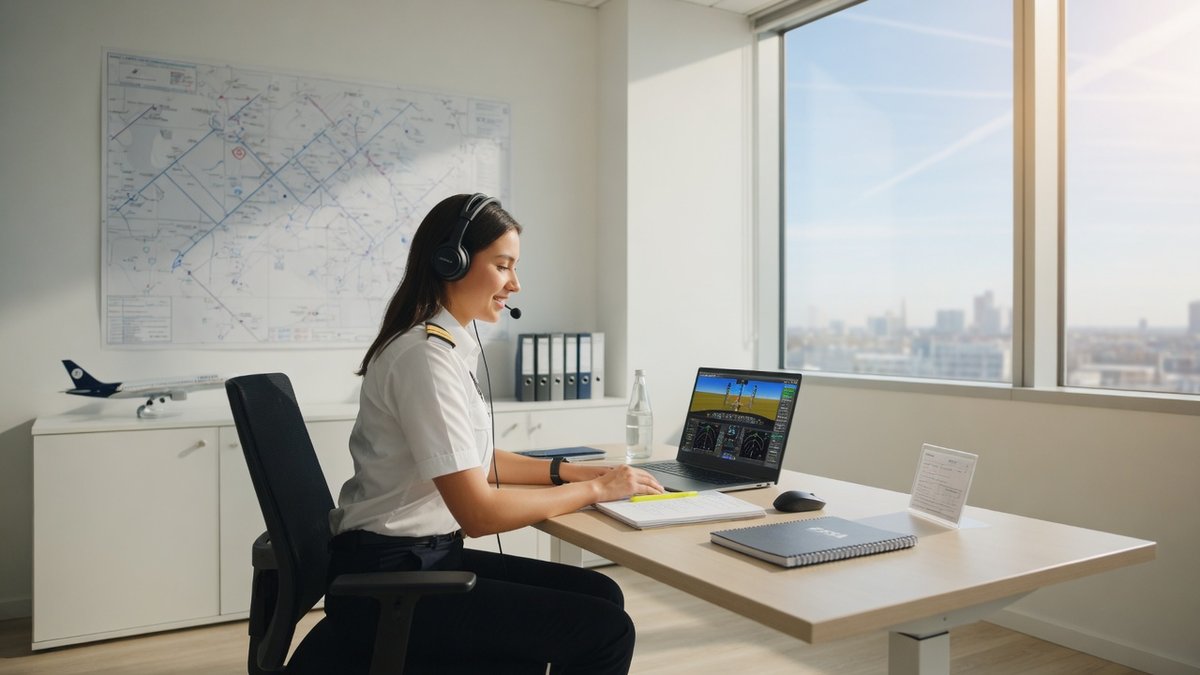 Pilot completing online aviation training in a bright office