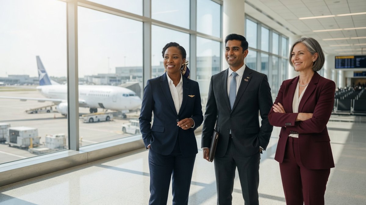 Aviation post-holder leadership team in a sunlit terminal