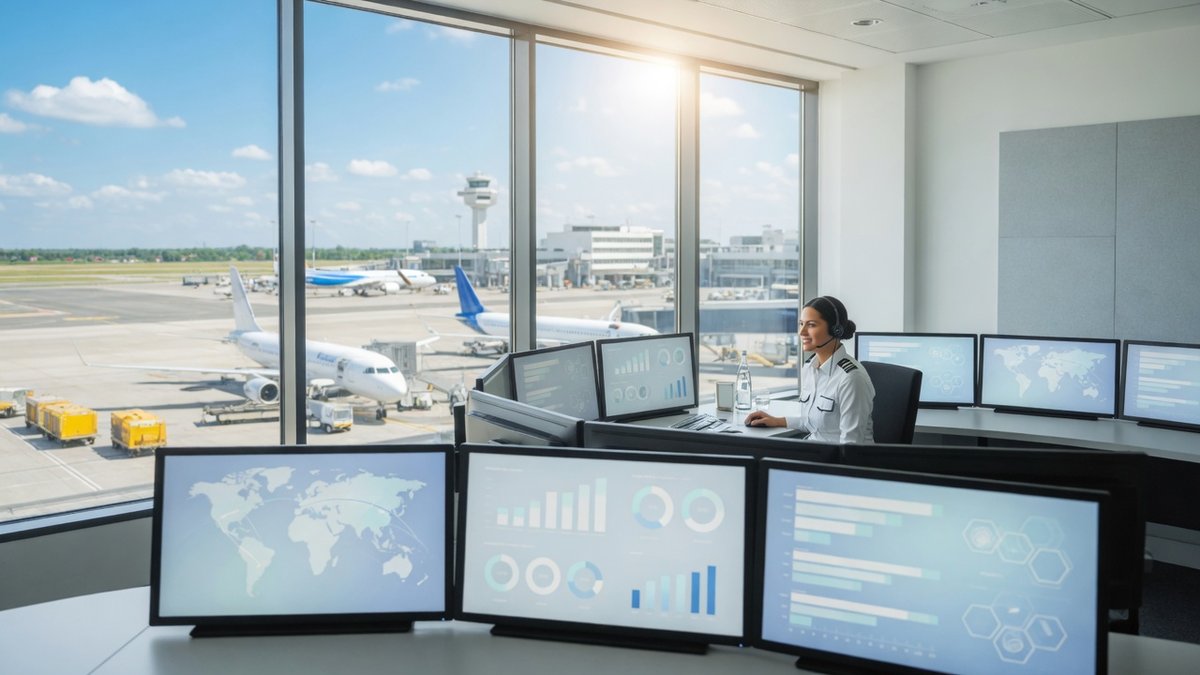Bright airline operations centre with digital aviation dashboards
