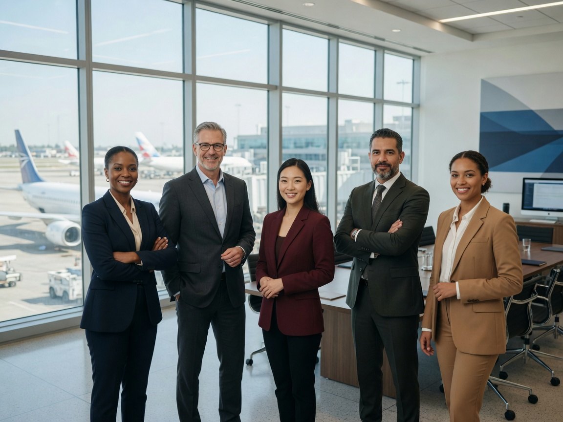 Diverse corporate aviation team of men and women in a modern airport office